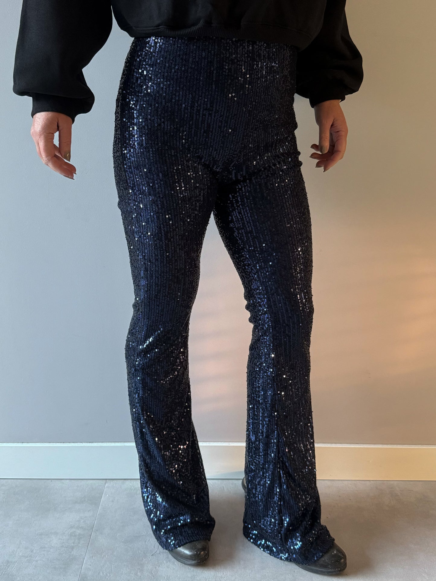 Glitter flare broek donker blauw