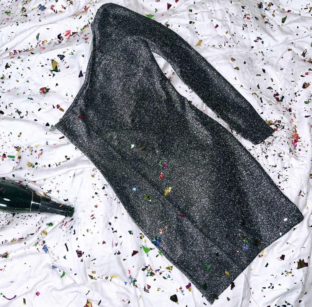 ONE SHOULDER GLITTER JURK SILVER