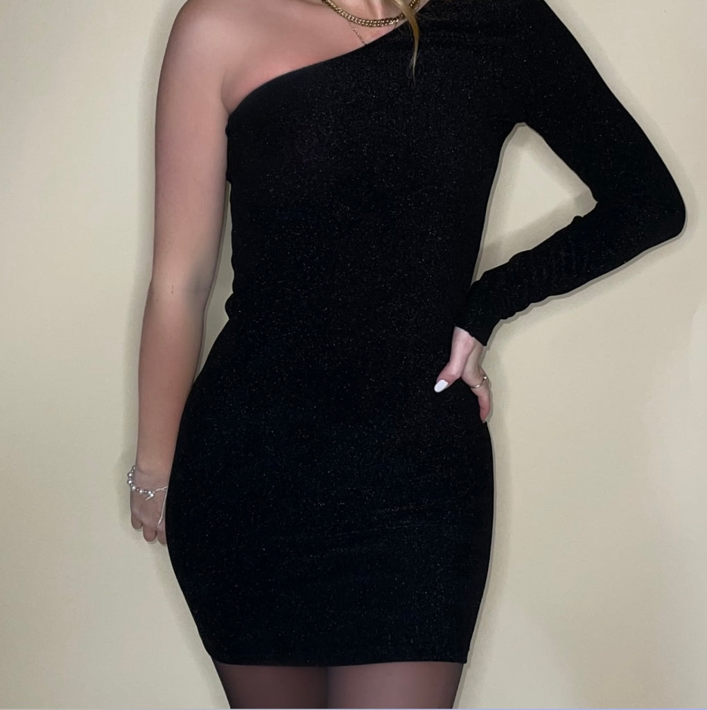 ONE SHOULDER GLITTER JURK ZWART